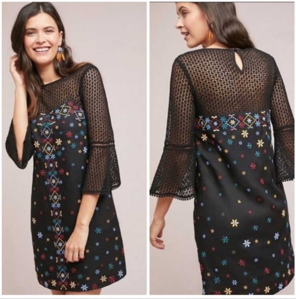 Anthropologie Akemi + Kin Embroidered Black Floral Shirt Dress Long Bell Sleeves